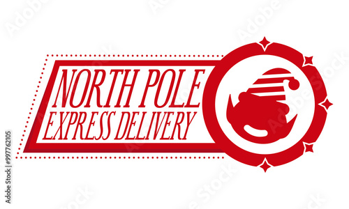 North pole express delivery. Christmas stamp design with cute elf. Holiday template for Xmas handmade gifts.