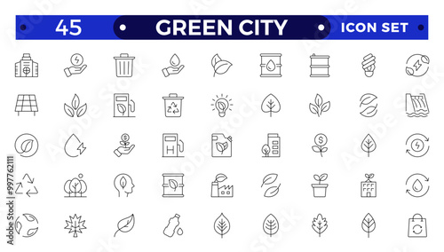 Green city Outline icons collection. UI icon set in a flat design. Includes Sustainability, Solar Panel, Recycling, Green City, vector illustration.