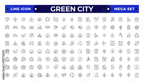 Green city Outline icons collection. UI icon set in a flat design. Includes Sustainability, Solar Panel, Recycling, Green City, vector illustration.