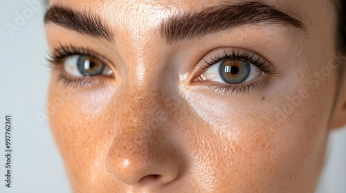 A close-up of a woman with fine lines around her eyes, before using dermatologist-prescribed anti-aging creams The after-effect shows youthful, firm skin with fewer visible lines