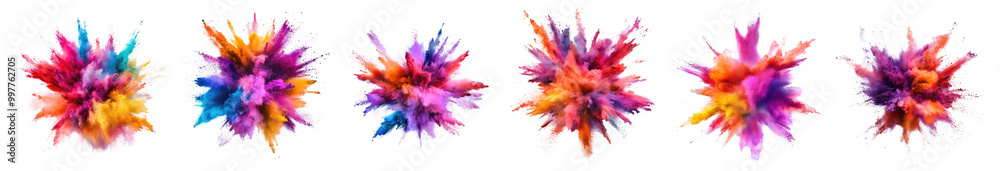 Set of colorful powder explosion burst in the air isolated on white background Set of colorful powder explosion burst in the air isolated on white background