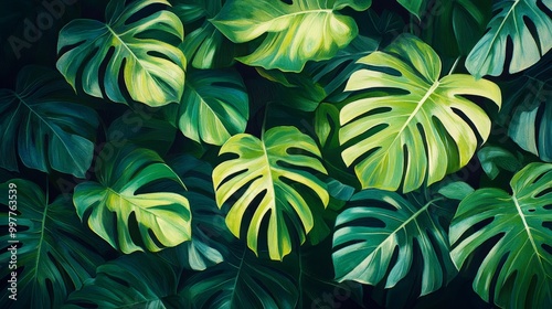 Lush Monstera leaves arranged in a dynamic, top-down view, bold shadows creating depth, vibrant green tones with intricate details in each leaf,