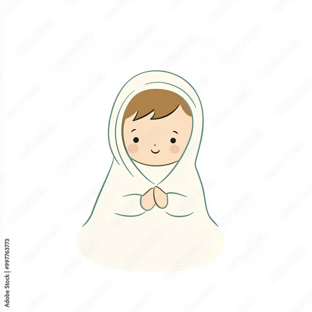 illustration features baby Jesus in a soft pastel color palette, gently wrapped in white cloth with a serene expression, embodying peace and purity illustration features baby Jesus in a soft pastel color palette, gently wrapped in white cloth with a serene expression, embodying peace and purity