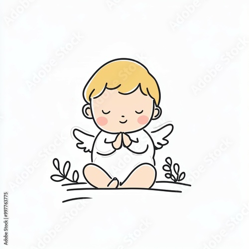 A gentle line drawing of baby Jesus with a peaceful expression, sitting with hands clasped in prayer, surrounded by simple greenery in soft pastel hues