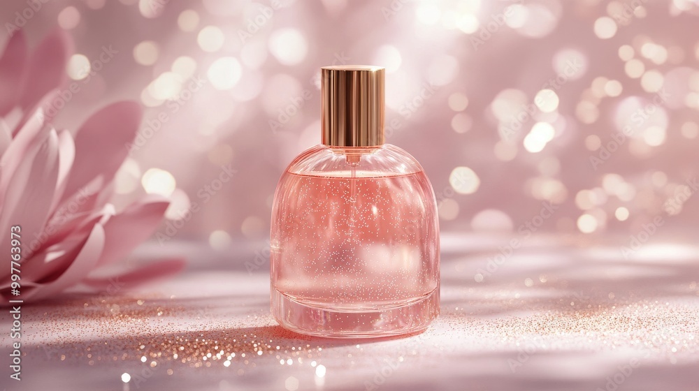 Elegant Pink Perfume Bottle on Sparkling Background Elegant Pink Perfume Bottle on Sparkling Background