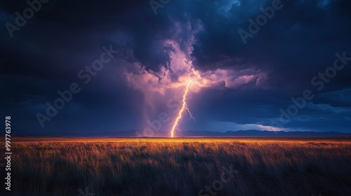 Massive lightning storm over a vast open plain, bolts racing from cloud to cloud, illuminating the landscape and distant mountains with harsh, jagged light