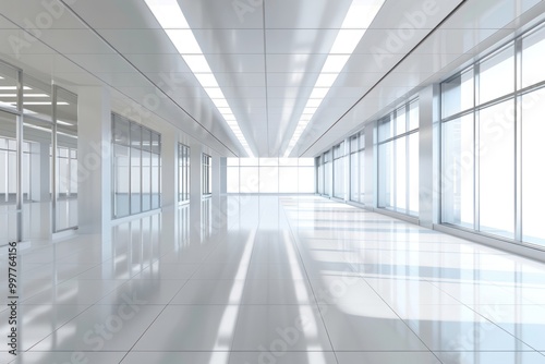 Wallpaper Mural Bright and clean empty office corridor with large glass windows and white tiles. Modern corporate design. Torontodigital.ca