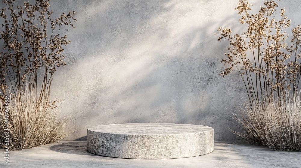 Minimalist stone podium with textured surface, surrounded by dried plants, set against a smooth grey background, perfect for beauty product displays Minimalist stone podium with textured surface, surrounded by dried plants, set against a smooth grey background, perfect for beauty product displays