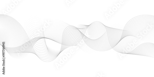 Abstract grey, white smooth element swoosh speed wave modern stream background. Wave with lines created using blend tool. Abstract frequency sound wave lines and twisted curve lines background. 