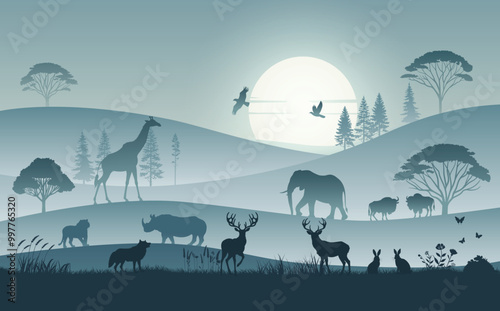 African Wildlife Scene with Moonlight and Animal Silhouettes