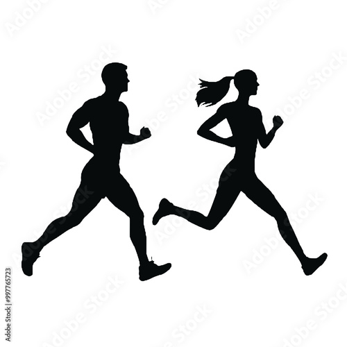 Running Partners Men and Women Silhouette Vector Illustration