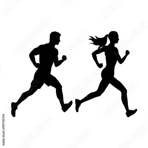 Running Partners Men and Women Silhouette Vector Illustration