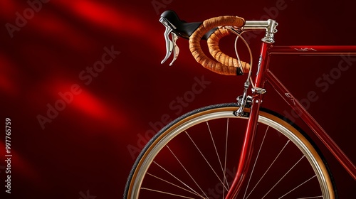 A close-up of a vintage bicycle handlebar showcasing its design against a vibrant red backdrop.