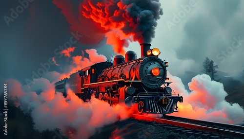 Surreal steam train shrouded in red light and smoke, evoking a powerful industrial ambiance photo