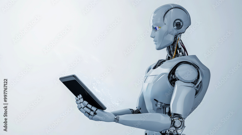 a futuristic illustration of a robot holding a tablet on isolated white background, symbolizing automation and process optimization a futuristic illustration of a robot holding a tablet on isolated white background, symbolizing automation and process optimization