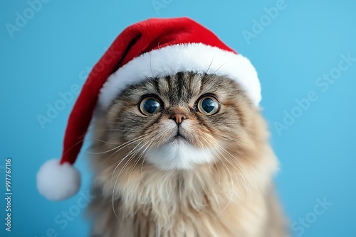 Cute cat wearing a red Santa hat.