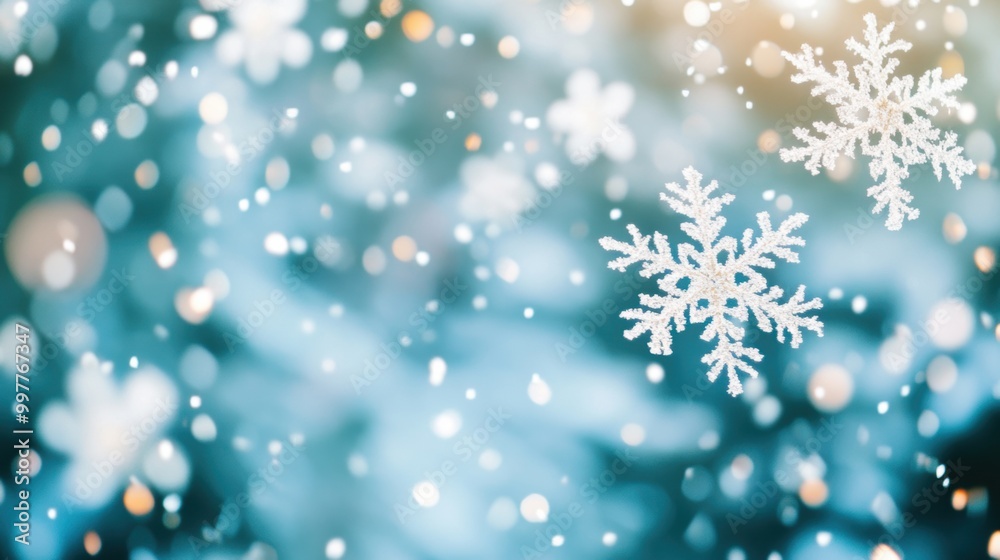 Delicate snowflakes descend softly, creating a mesmerizing winter wonderland against a calm blue backdrop filled with gentle bokeh effects Delicate snowflakes descend softly, creating a mesmerizing winter wonderland against a calm blue backdrop filled with gentle bokeh effects