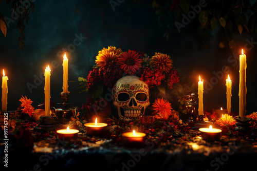 Traditional Mexican ofrenda decorated with cempasuchil petals and illuminated with candles for dia de los muertos photo