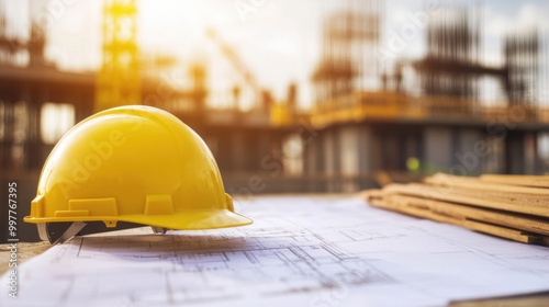 A yellow hard hat rests on detailed blueprints at a bustling construction site, emphasizing safety and architectural planning during daylight