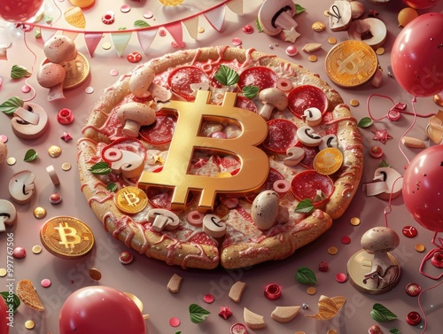 Fun and festive Bitcoin Pizza Day pizza featuring a golden Bitcoin symbol on a pizza topped with pepperoni, olives, and mushrooms, surrounded by confetti and balloons for a celebratory vibe
