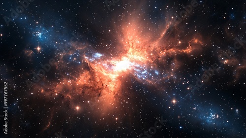 A bright nebula with orange and blue hues glows in the dark expanse of space, surrounded by a scattering of stars.