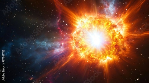 A bright orange supernova exploding in space with an intense glow, surrounded by stars and a blue and purple nebula.