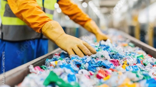 A dedicated worker sorts through a large collection of recyclable materials at a bustling recycling plant during the afternoon shift