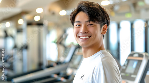 トレーニングジムで笑顔の若いアジア人男性