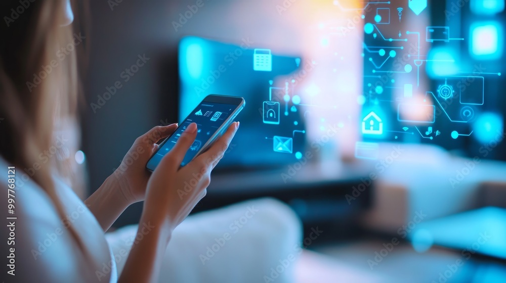 Close up of woman hand holding smartphone in blurry living room with double exposure of smart home interface. Internet of things and automation concept. Toned image Close up of woman hand holding smartphone in blurry living room with double exposure of smart home interface. Internet of things and automation concept. Toned image