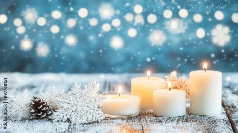 A warm arrangement of glowing candles and snowy decorations enhances the festive mood during the winter season A warm arrangement of glowing candles and snowy decorations enhances the festive mood during the winter season