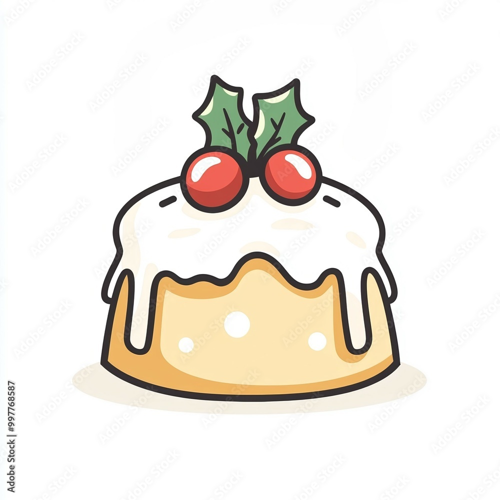 delightful illustration features a minimalist line drawing of a Christmas pudding, complete with festive holly and berries, on a white backdrop, perfect for holiday themes delightful illustration features a minimalist line drawing of a Christmas pudding, complete with festive holly and berries, on a white backdrop, perfect for holiday themes