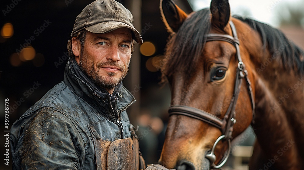 A farrier straightening a horseshoe with precision while the horse looks on