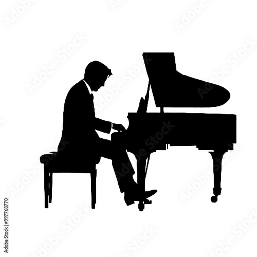 Silhouette of Pianist Playing Piano Vector Transparent Background