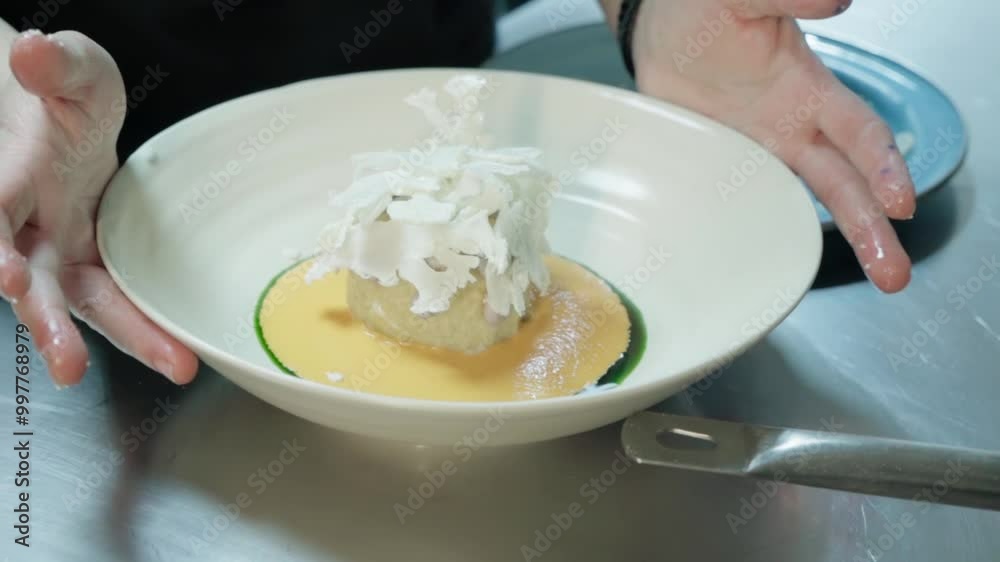 In the kitchen of a famous restaurant, a chef delicately prepares a dish, making it look perfect and beautiful before handing it to the waiter to take it to the table. In the kitchen of a famous restaurant, a chef delicately prepares a dish, making it look perfect and beautiful before handing it to the waiter to take it to the table.