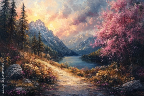 Serene Mountain Landscape with Cherry Blossoms