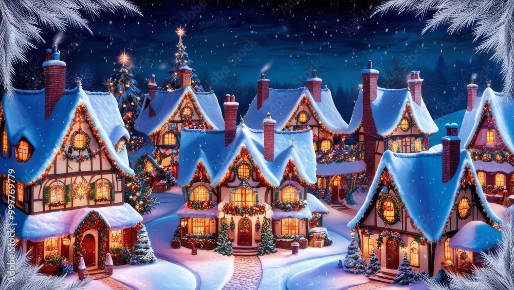 Beautiful village celebrating Christmas with snowfall. Aerial view of cozy small town decorated for Xmas and New Year holidays. Festive card with frosty patterns. Christmas eve fantasy Beautiful village celebrating Christmas with snowfall. Aerial view of cozy small town decorated for Xmas and New Year holidays. Festive card with frosty patterns. Christmas eve fantasy