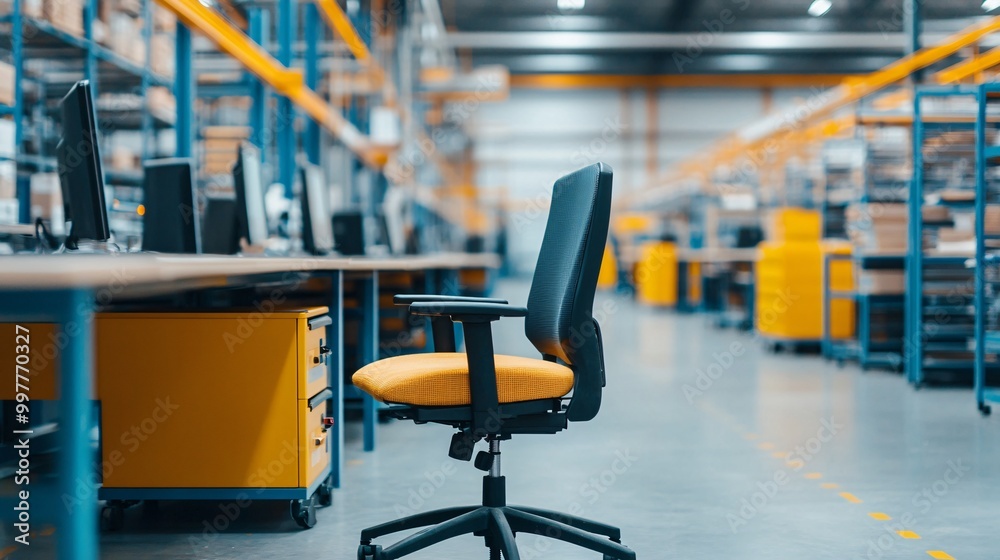 Fototapeta premium A modern ergonomic office chair is positioned in a spacious warehouse filled with desks and computers.