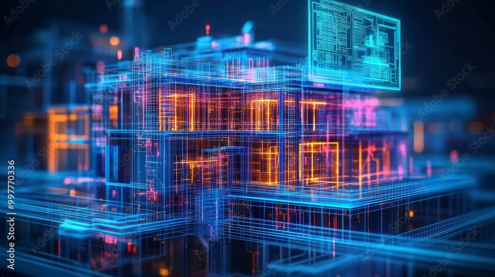 Fototapeta premium Futuristic house under construction with steel frames, AI-controlled machinery in the foreground, holographic blueprints floating above, science fiction atmosphere, vibrant lighting