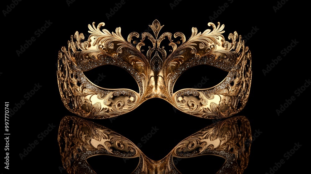 Gold Venetian mask, intricate filigree, placed on a glossy black reflective surface, minimalistic composition, soft light, vintage illustration style Gold Venetian mask, intricate filigree, placed on a glossy black reflective surface, minimalistic composition, soft light, vintage illustration style