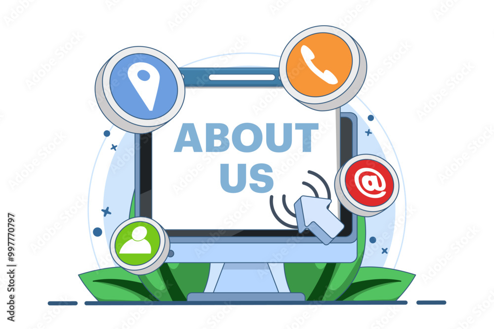About Us or Contact Us Concept, Customer support form, Customer Service, Online Support, Help Desk, Follow Us Concept, Internet Advertising, Marketing. Flat vector illustration.