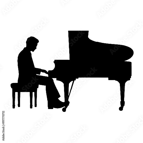 Silhouette of Pianist Playing Piano Vector Transparent Background