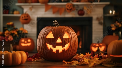A carved jack-o'-lantern glowing in a cozy fall setting, surrounded by pumpkins and autumn leaves, perfect for Halloween celebrations.