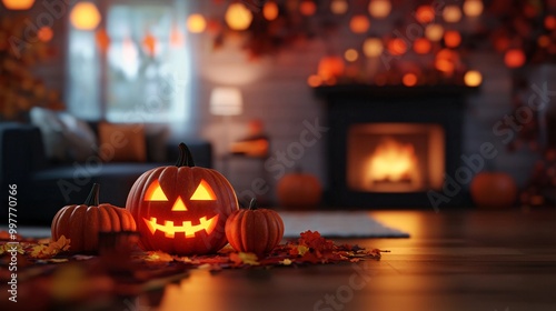 A cozy Halloween scene featuring glowing jack-o'-lanterns, autumn leaves, and warm lighting, creating a festive atmosphere.