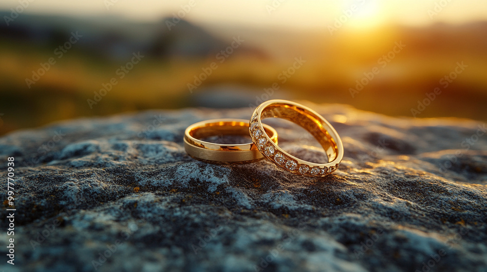 close-up shot of two gold wedding rings resting on textured fabric, symbolizing eternal love, commitment, and the sacred bond of marriage, highlighting the timeless significance of union close-up shot of two gold wedding rings resting on textured fabric, symbolizing eternal love, commitment, and the sacred bond of marriage, highlighting the timeless significance of union