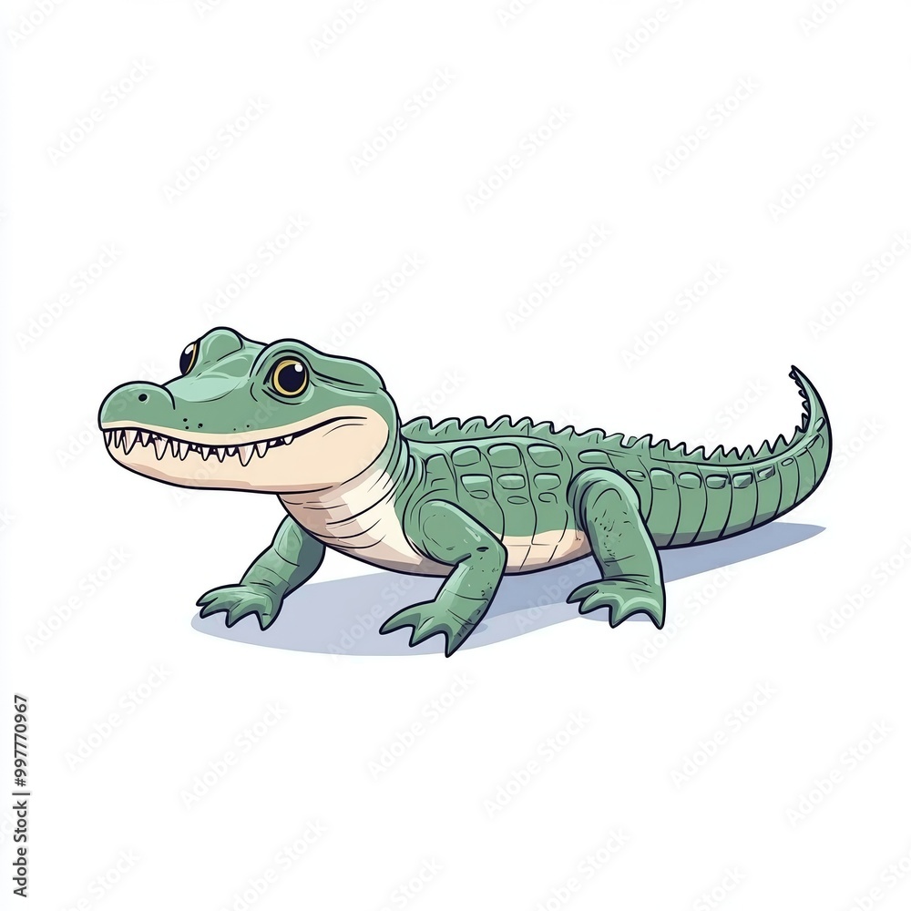 Obraz premium artwork features a playful crocodile in a flat design style, using soft pastel colors on a pristine white background, ideal for kids' themes or educational purposes