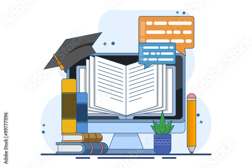 E-learning concept, Online education, digital library, e-book, classroom, online course tutorials and apps, university studies and back to school. Flat vector illustration on background.