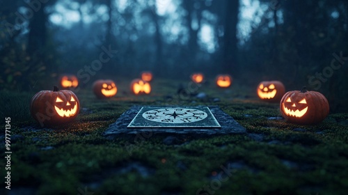 A mystical scene featuring glowing jack-o'-lanterns surrounding an ornate stone slab in a foggy forest setting.