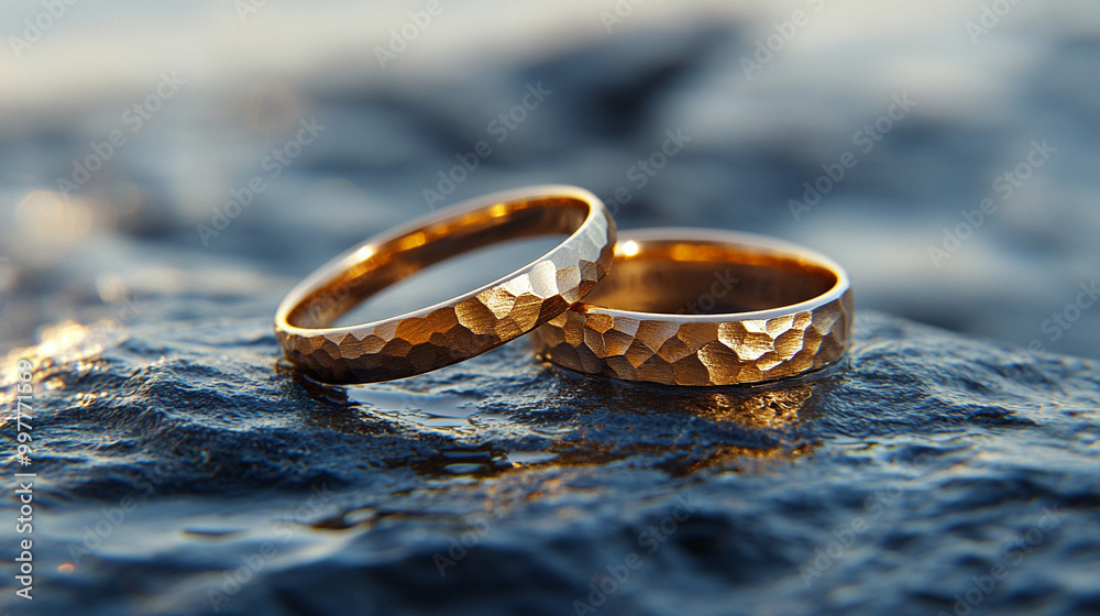 close-up shot of two gold wedding rings resting on textured fabric, symbolizing eternal love, commitment, and the sacred bond of marriage, highlighting the timeless significance of union close-up shot of two gold wedding rings resting on textured fabric, symbolizing eternal love, commitment, and the sacred bond of marriage, highlighting the timeless significance of union