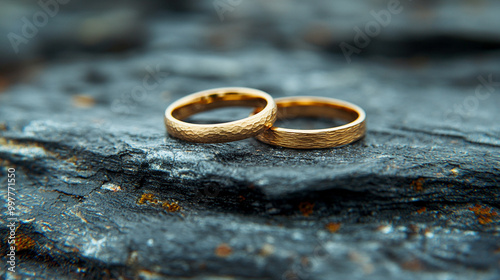 close-up shot of two gold wedding rings resting on textured fabric, symbolizing eternal love, commitment, and the sacred bond of marriage, highlighting the timeless significance of union photo