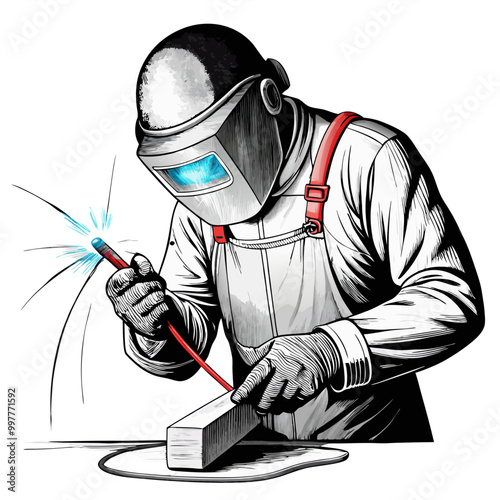 Weld icon welder work with tool and sparks vector image, isolated on white background
